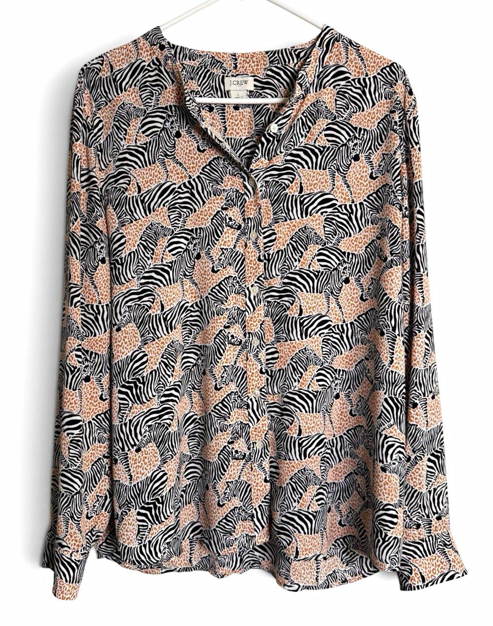 J.CREW Womens L Animal Print Zebra Button Front Long Sleeve Blouse